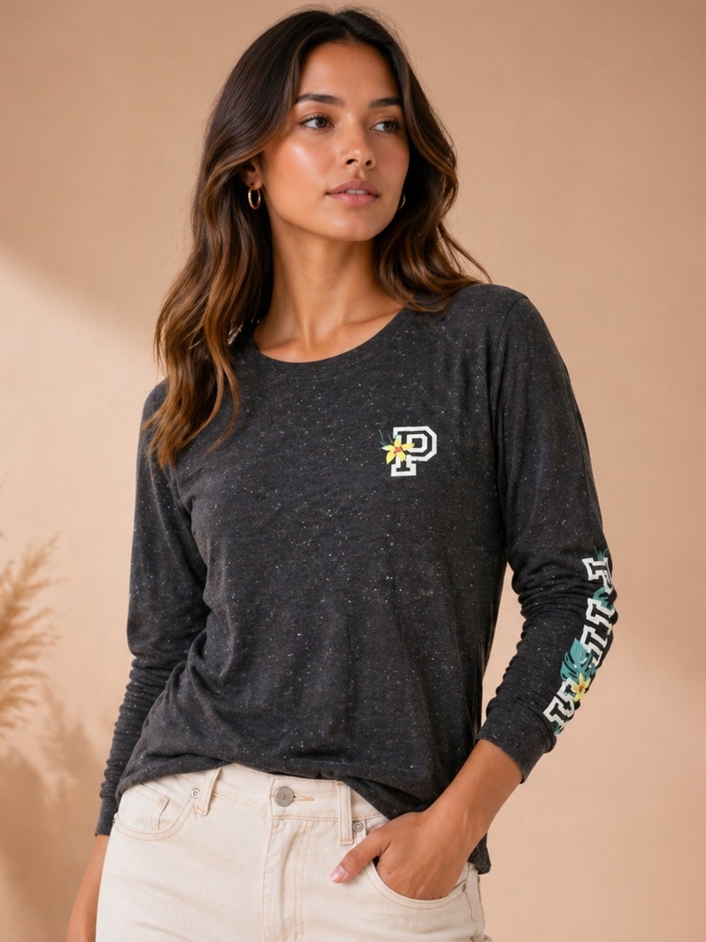 PINK Victoria's Secret Dark Charcoal Speckled Long-Sleeve Graphic Tee XXL